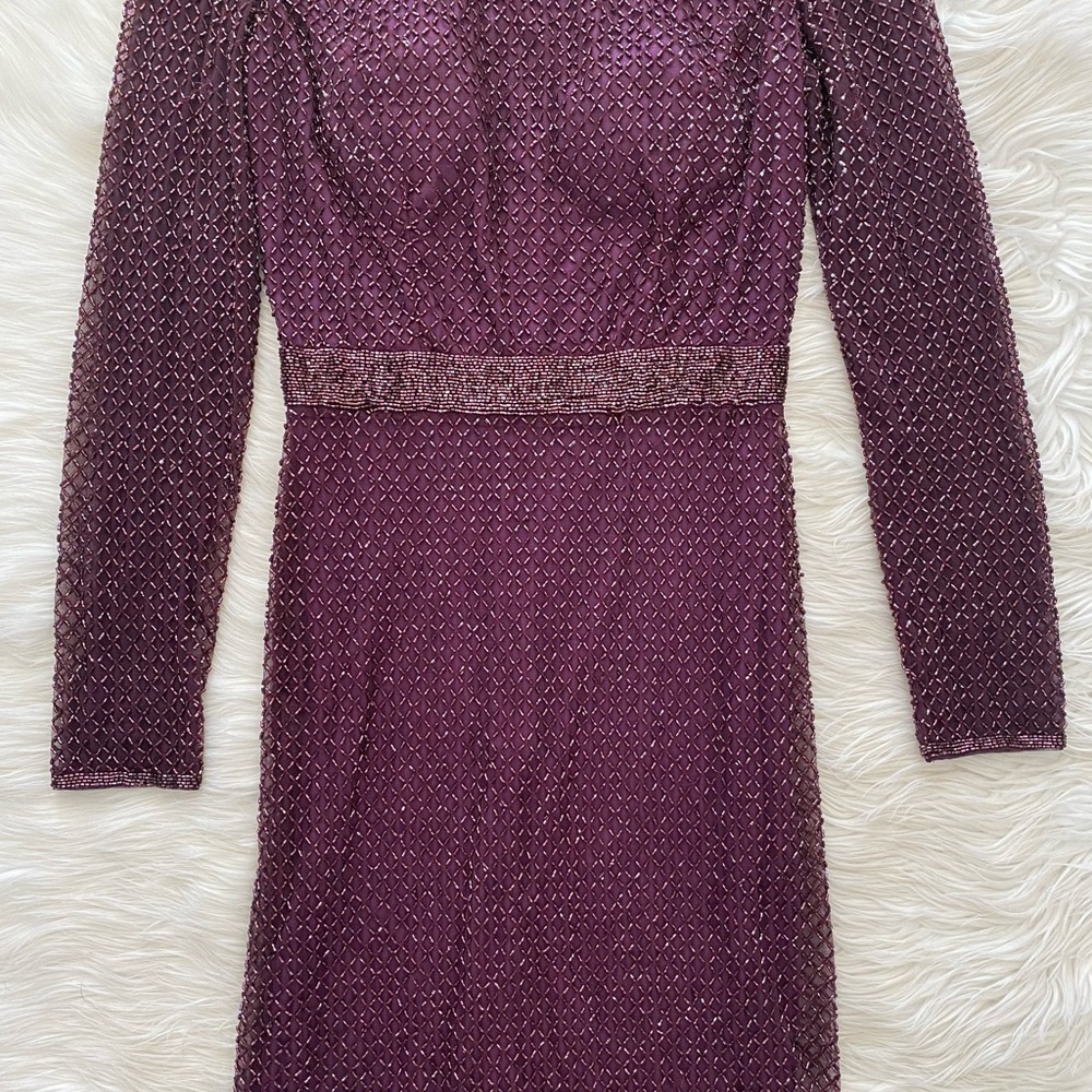 Mac Duggal Purple Plum Lattice Beaded Long Sleeve Modest Formal Midi Dress - Picture 4 of 16